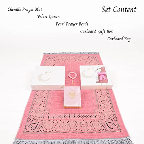 IEF Personalized Prayer Rug Quran Prayer Beads Islamic Gift Set, Ramadan Eid Wedding Birthday Mother's Day Father's Day Anniversary Day Gifts - color: Pink with Bag