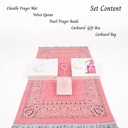 IEF Personalized Prayer Rug Quran Prayer Beads Islamic Gift Set, Ramadan Eid Wedding Birthday Mother's Day Father's Day Anniversary Day Gifts - color: Pink with Bag