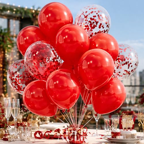 AULE Party Balloons Pack of 42-12in Red Confetti Balloons & Red Latex Balloons and 64ft Ribbons - 12 Inches Balloons Decorations Set - color: Red