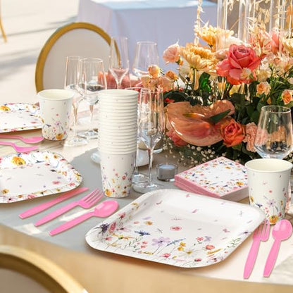 350 Pcs Wildflower Paper Plates and Napkins Set 9 Inch 7 Inch Disposable Durable Spring Floral Dinnerware Set Wedding Baby Shower Party Supplies Tableware Serve 50 Guest Cups Knife Forks Spoon - color: Pink, style: Wildflower