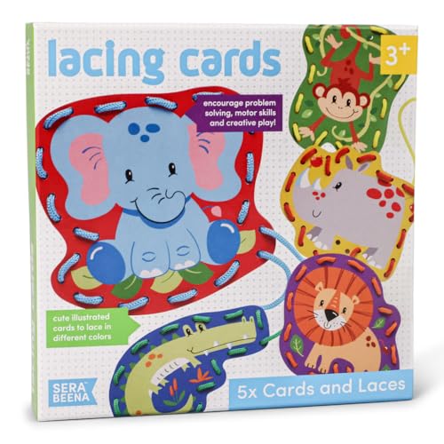 Serabeena Lacing Cards for Kids Ages 3-5 - Safari Animals | 5 Cards