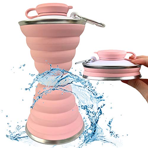 Collapsible Water Bottle, Camping Cup With Carabiner, Reuseable Silicone Foldable Leak Proof Portable Sports Travel Water Bottles For Outdoor, Travel Gym Hiking, BPA Free, Cycling Cups with Carabiner - color: Pink