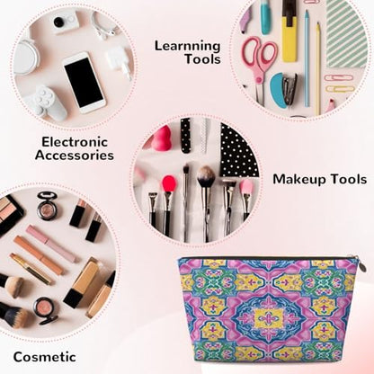Leather Makeup Bag for Purse, Waterproof Small Toiletry Bag with Zipper, Cute Cosmetic Bags for Women, Pink Blue Islamic Pattern Travel Pouch - color: Pink Blue Islamic Pattern