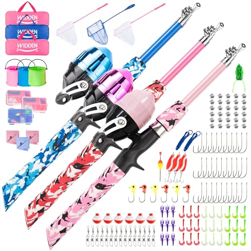 WIDDEN Kids Fishing Pole, Portable Telescopic Kids Fishing Poles for Boys and Girls, Fishing Rod and Reel Combo Kit with Tackle Box, and Fishing Net, Best Fishing Pole for Toddler Youth - color: Pink+Blue+Light Pink