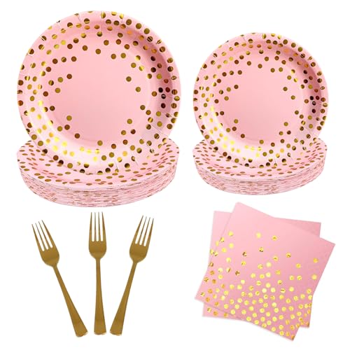 Pink and Gold Plates, Foil Polka Design for birthday decorations - color: Pink Gold