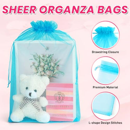 ANZNKU 100 Pcs Large Organza Bags 8x12, Small Mesh Gift Bag Drawstring Bulk - color: Lake Blue