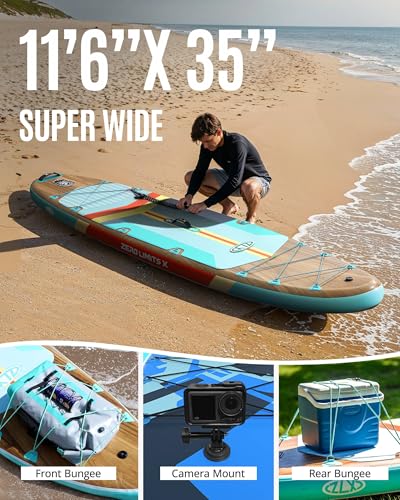ZLX 11'6"x35" Ultra Wide Inflatable Stand Up Paddle Board | Stable Non-Slip Deck Pad, Unique Fin System, Premium SUP Accessories & Backpack - Upgraded Pump for Adults, All Skill Levels - color: Brown Wood