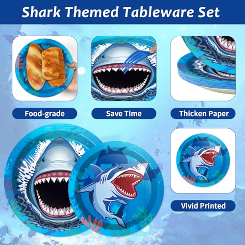 24 Guests Shark Theme Party Decorations Under the Sea Party Tableware Set Shark Baby Shower Plates Napkins and Forks Ocean Birthday Table Decorations Supplies 96Pcs - style: Shark