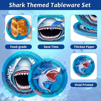 24 Guests Shark Theme Party Decorations Under the Sea Party Tableware Set Shark Baby Shower Plates Napkins and Forks Ocean Birthday Table Decorations Supplies 96Pcs - style: Shark
