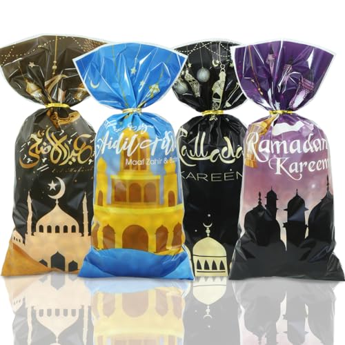 Ramadan Gift Bags with Gold Twist Ties,100 PCS Islamic Festival Cellophane Treat Bags Ramadan Eid Mubarak Mosque Castle Moon Star Goodie Cookie Bags Muslim Eid al-Adha Islam Eid Iftar Favor Bag