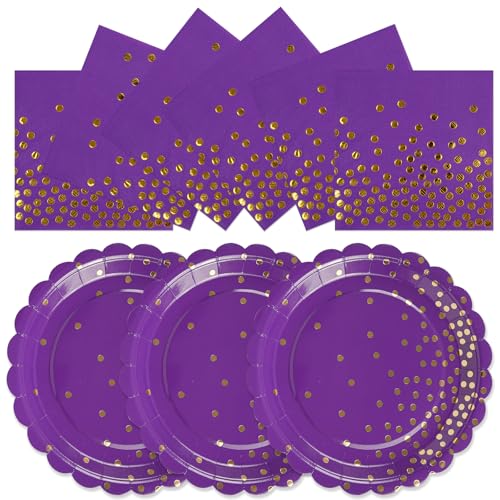 50PCS Purple Paper Plates and Napkins Set - Purple and Gold Dot Party Plates Disposable Party Tableware Dinnerware Set Party's Supplies Decorations for Birthdays, Baby Shower, Weddings and Holidays - color: Purple Dot