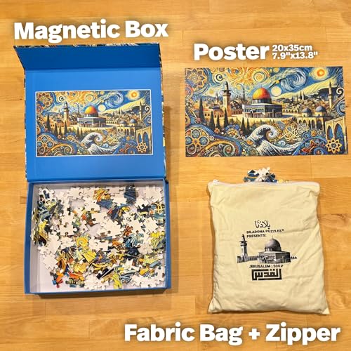 Biladona Jerusalem Puzzle 500 Pieces - Dome of The Rock Impressionist Style Jigsaw Puzzle - Holy Land Art Gift for Adults and Teens Magnetic Box and Fabric Bag
