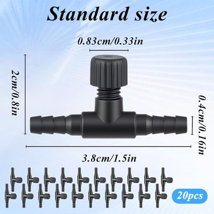 20 Pcs Aquarium Air Control Valves for 3/16" (4mm) ID Airline Tubing, Adjustable Black T Shaped Hose Connectors Single Way Plastic Air Flow Controllers Regulators Pump Accessories