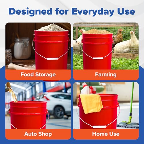 5 Gallon Bucket w/Lid, Food Grade BPA-Free, 6 Pack, Red | Airtight Lid, Mallet and Lid Opener Included, Heavy-Duty 90 Mil HDPE Plastic, Food-Safe Durable Container, Made in USA - color: Red, size: 6 Packs