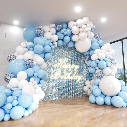 Blue and White Balloon Arch Kit, ADOINBY 140Pcs Pastel Light Blue and White Balloon Garland kit, 18 12 10 5 Inch Different Size Balloons for Baby Shower Birthday Gender Reveal Anniversary Decorations - color: Blue and White