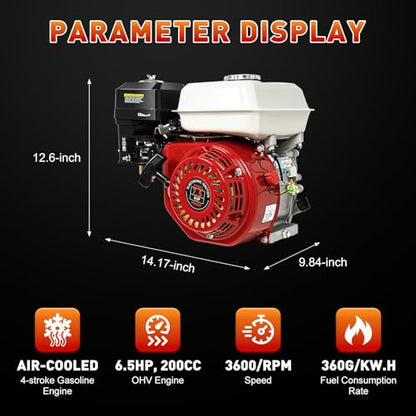 Gas Engine 4-Stroke 200cc 6.5HP, OHV Air Cooled Horizontal Motor 3600RPM, Pull Start Small Engine Power Unit, Single Cylinder Low Fuel Consumption Design, for Go Kart, Water Pump, Tiller, Cleaner