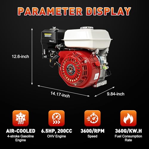 4-Stroke Single Cylinder Petrol Engine, 200CC Petrol Engine with Oil Alarm OHV Overhead Valve and Large Capacity Fuel Tank, Built-in Air Cooling Pull Start Portable Gasoline Engine - size: 6.5HP 200CC