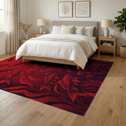 6'x9' Washable Graphic Fish Area Rug, Red Foldable Non-Slip Large Carpet Foldable Easy Care Carpet for Queen Size Bedroom, Under Bed, Master Bedroom | Ref:1908905 - color: Red/Pattern 25, size: 6' x 9' (Rectangular)