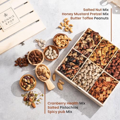 Happy Birthday Food Gift Basket, Healthy Nut Gift Tray, Birthday Snack Treat in Reusable Wooden Crate, Gourmet Assorted Food Delivery, Birthday Snack Box, For Men, Women and Families, Bonnie & Pop - style: Birthday