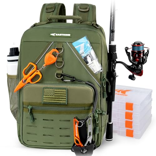 KastKing KarryAll Fishing Backpack with Rod Holder 4 Tackle Boxes, 40/26L | Tackle Bag Storage Fishing Gear and Equipment, Water‑Resistant Material, Fishing Gift for Men - color: F: Medium (26 L) - Green