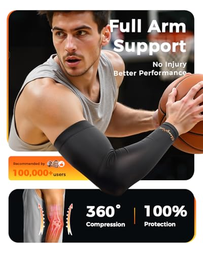 Copper Compression Arm Sleeves for Men & Women - Workout and Everyday Use | Full Arm Brace for Forearm, Bicep, Triceps, Pain Relief for Tennis Elbow, Basketball, Golf, Arthritis, Tendonitis, Bursitis - style: Black-L