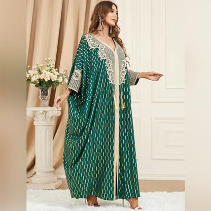 ODIZLI Muslim Abaya for Women Long Dresses Dubai Pendant Bat Sleeves Turkey African Caftan Vest - color: Emerald Green