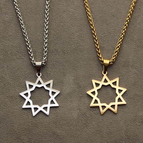 Unisex Nine Point Bahaism Bahai Star Necklace Chain Pendant - color: Gold Plated Steel, size: 18" Chain