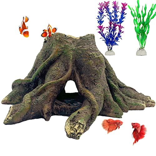 Aquarium Landscape Tree Stump Artificial Resin Tree Hole Ornament Hollow Trunk Cave Betta Cave Rocks Fish Tank Decoration for Cichlid Hiding