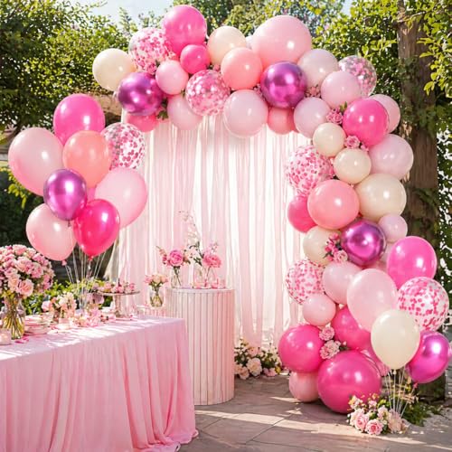 Shades of Pink Balloons 12 Inch, Hot Pearl Light Pastel Baby Dark Bright Pink Sand Latex Balloons with Metallic Magenta Pink Confetti Balloon for Princess Theme Birthday Wedding Bridal Shower Party - color: Magenta Pink