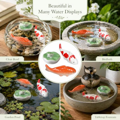 Garneck 3pcs Ceramic Floating Fish Decor: Koi Fish Aquarium Ornaments Porcelain Garden Pond Figurines Leaf Pad Goldfish Water Fountain Birdbath Bowl Tank Accent for Indoor Outdoor