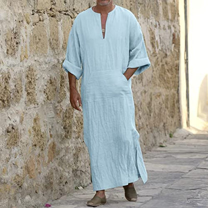 Mens Muslim Kaftan Thobe Saudi Arabic Islamic Middle East Robes Long Sleeve Breathable Clothing Ramadan Jubbah - color: Light Blue-d, size: Large