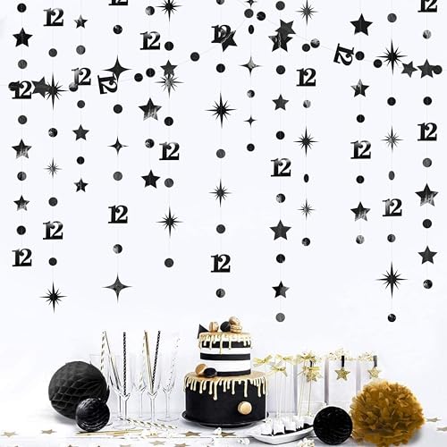 Black 12th Birthday Decorations Number 12 Circle Dot Star Garland Metallic Hanging Streamer Banner Backdrop for Girls Boys Cheers to 12 Years Old Birthday Happy 12th Anniversary Party Supplies - color: Black