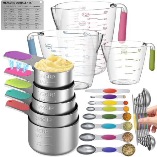 Measuring Cups and Spoons Set for Cooking & Baking, 5 Stainless Steel Magnetic Measuring Cups, 3 Plastic Measuring Cup, 7 Magnetic Measuring Spoons, 1 Leveler, 1 Measuring Conversion Chart