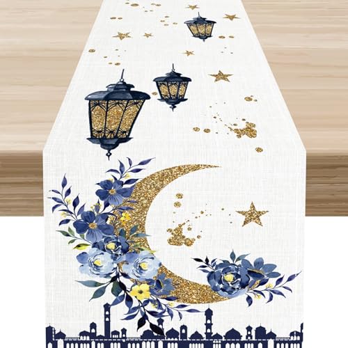 Golden Blue Ramadan Table Runner,Seasonal Summer Golden Moon Garden Banner Ramadan Eid Banner Ramadan Decorations and Home Party Supplies,13 x 36 Inch - color: Moon-3, size: 13x36" Table Runner