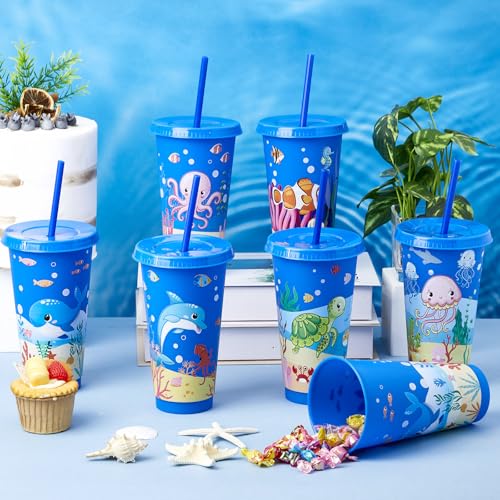Chuangdi 12 Pcs Under The Sea Party Cups 24 oz Reusable Plastic Tumblers with Lids and Straws Themed Drinking Cups for Birthday Decorations Ocean Sea Party Favors Supplies Gifts - style: Sea