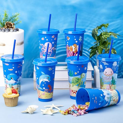 Chuangdi 12 Pcs Under The Sea Party Cups 24 oz Reusable Plastic Tumblers with Lids and Straws Themed Drinking Cups for Birthday Decorations Ocean Sea Party Favors Supplies Gifts - style: Sea