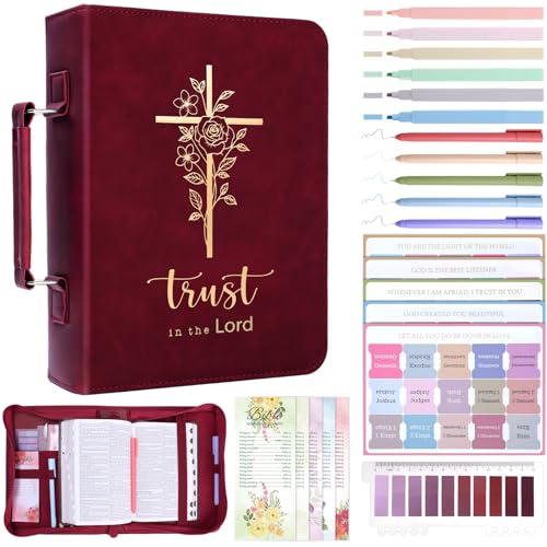 XKDOUS Bible Cover for Women Leather Bible Bag Large Book Carrying Case Kit - color: Wine & Golden Cross