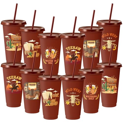 Chuangdi 12 Pcs Western Cowboy Plastic Tumbler, 24 oz Reusable Western Theme Party Plastic Tumbler with Lids and Straw for Rodeo Theme Party Christmas Gifts Birthday Supplies Decorations - style: Cowboy