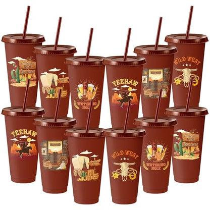 Chuangdi 12 Pcs Western Cowboy Plastic Tumbler, 24 oz Reusable Western Theme Party Plastic Tumbler with Lids and Straw for Rodeo Theme Party Christmas Gifts Birthday Supplies Decorations - style: Cowboy