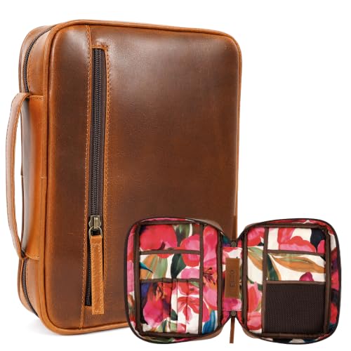 ELIZO Full Grain Leather Bible Cover for Women, Floral Large Bible Cases for Woman, Genuine Leather Sleeve Pouch Organizer Protector Carrying Bag with Zipper Christian Gifts for Women Bookmark, Cognac - color: Cognac / Floral, size: Study