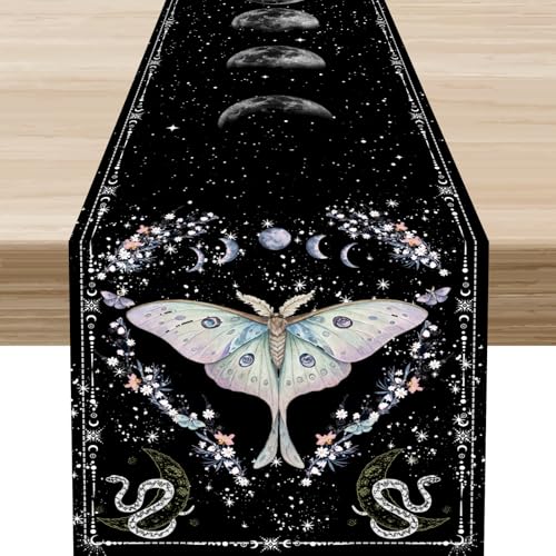 Floral Moth Table Runner, Retro Witch Tarot Cards Floral Butterfly Moon Phase Starlit Stars Boho Coffee Table Center Decor for Family Kitchen Table Decorations Indoor Outdoor 13x36 inch - color: Moth-1, size: 13x36" Table Runner