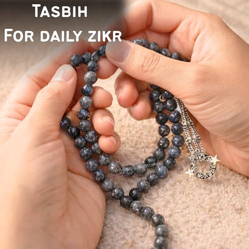 Amazing Gemstone Larvikite Tasbeeh with Moon and Star Charm - Certified Crystal Muslim Prayer Beads Natural Gemstone Tasbih Gift for Ramadan Dhikr and Daily Namaz (S) - color: Larvikite