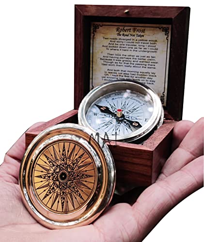 Antiqued Brass Robert Frost Poem Compass with Wooden Box, Inspirational Gifts for Woman, Aniversity Gifts for Men,Engraved,Wedding for Boys, Pocket Compass for Hiking Survival