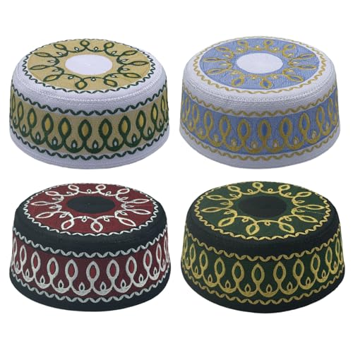 4 Pieces Muslim Prayer Cap Kufi Hat Men Islam Embroidery Arabian Omani Turkish for Eid - size: X-Large