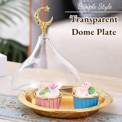 Cake Plate with Lid, Ramadan Tray Eid Mubarak Cake Tray with Dome, Candy Snack Serving Tray, Golden Cake Plate for Baking Home Party Cafe Wedding