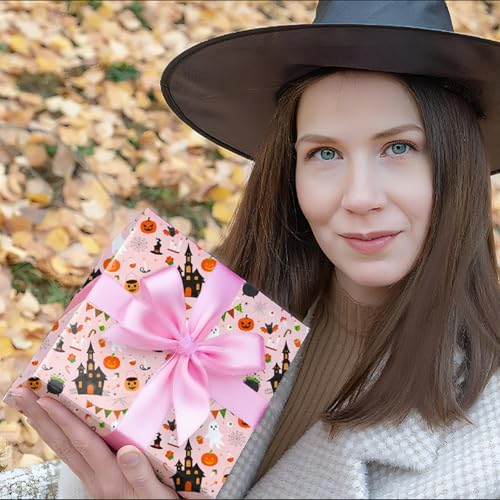 Cuitpan Halloween Wrapping Paper - Spooky Gift Wrap with Pumpkins, Ghosts, Haunted Houses & Bats Design - Perfect for Kids & Adults Halloween Presents - 40×28 Inches, 4 Folded Sheets - color: Pink-Halloween