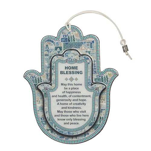 Epoxy Hamsa English Home Blessing 7.3" with Blue Motif - Good Luck Hamsa Hand Wall Hanging Decor, Evil Eye Protection Amulet - color: Set 20