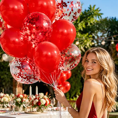 AULE Party Balloons Pack of 42-12in Red Confetti Balloons & Red Latex Balloons and 64ft Ribbons - 12 Inches Balloons Decorations Set - color: Red