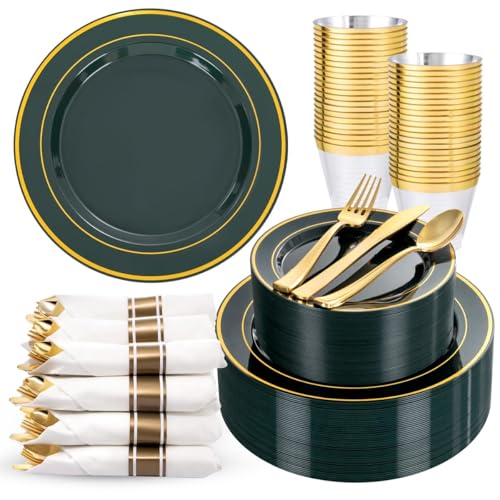 WDF Partyware 350PCS Green and Gold Plates - Green Plastic Plates 50Guests Plastic Plate with Rolled Napkins for Party/Birthday/Wedding - color: Green, size: 350