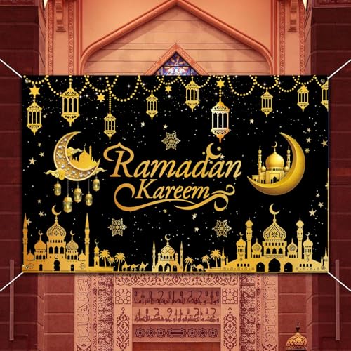 Ramadan Banner Backdrop 71x43inch Ramadan Decorations, Ramada n Decor for Home Office, Islamic Festival Party Supplies with Traditional Moon Star